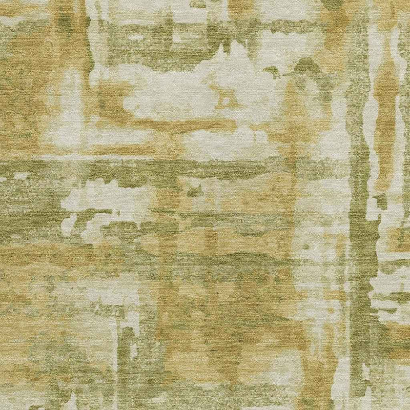 9' X 12' Artichoke Green And Gold Abstract Washable Indoor Outdoor Area Rug