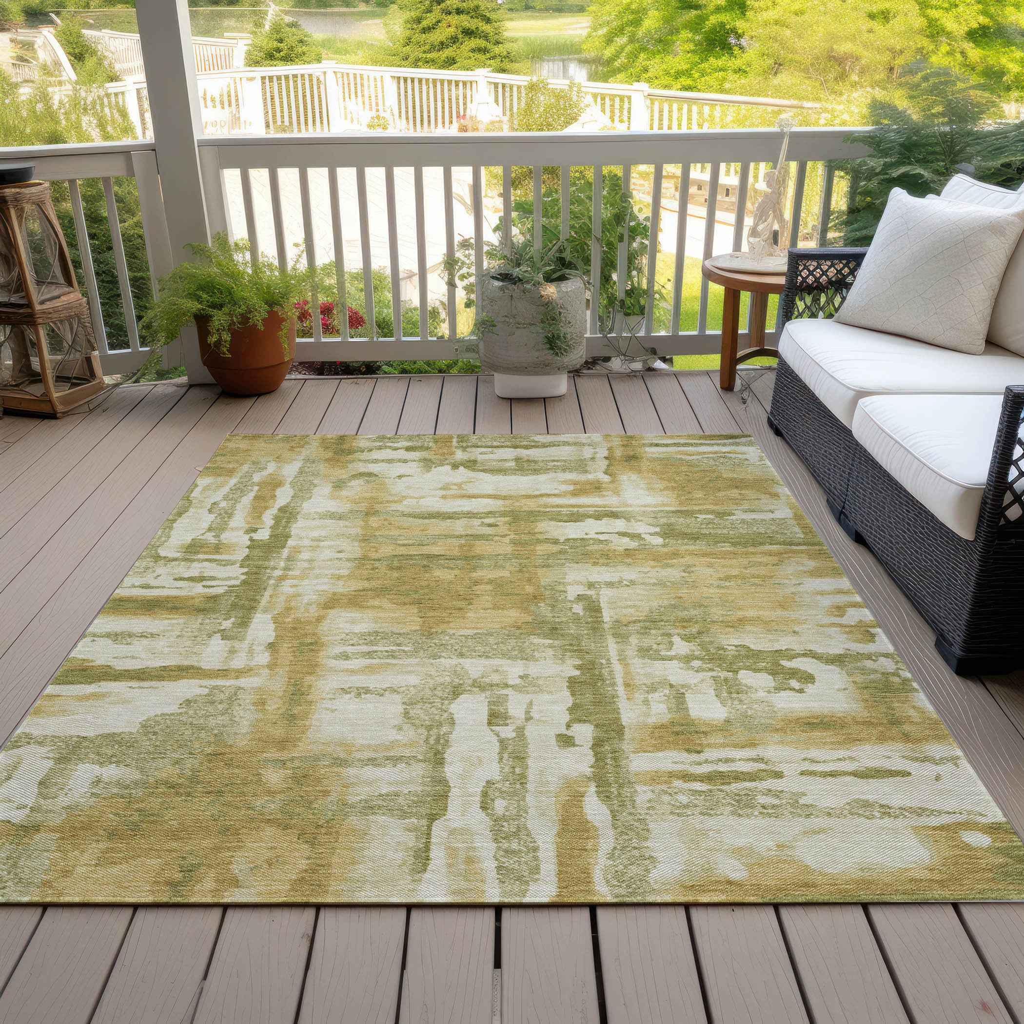 10' X 14' Artichoke Green And Gold Abstract Washable Indoor Outdoor Area Rug