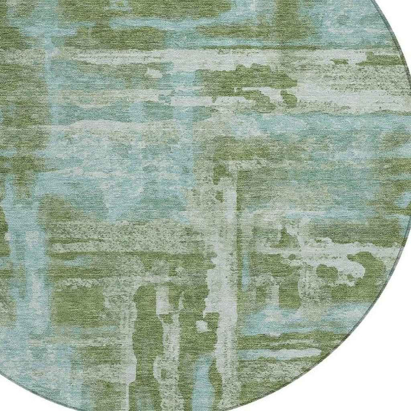 8' Fern Green And Sky Blue Round Abstract Washable Indoor Outdoor Area Rug