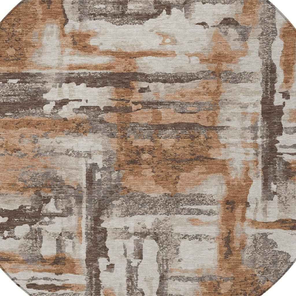 8' Rust And Taupe Round Abstract Washable Indoor Outdoor Area Rug