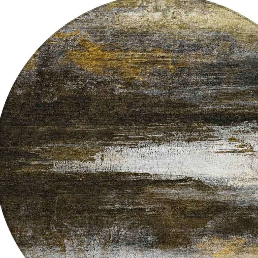 8' Chocolate Gold And Beige Round Abstract Washable Indoor Outdoor Area Rug