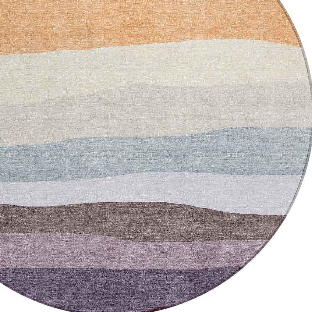 8' Orange Blush And Lavender Round Striped Washable Indoor Outdoor Area Rug