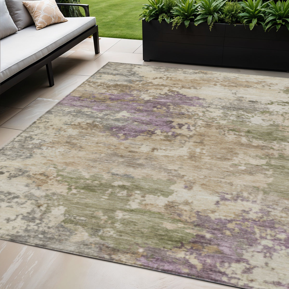 5' X 8' Beige Green And Purple Abstract Washable Indoor Outdoor Area Rug - Sports & Outdoor