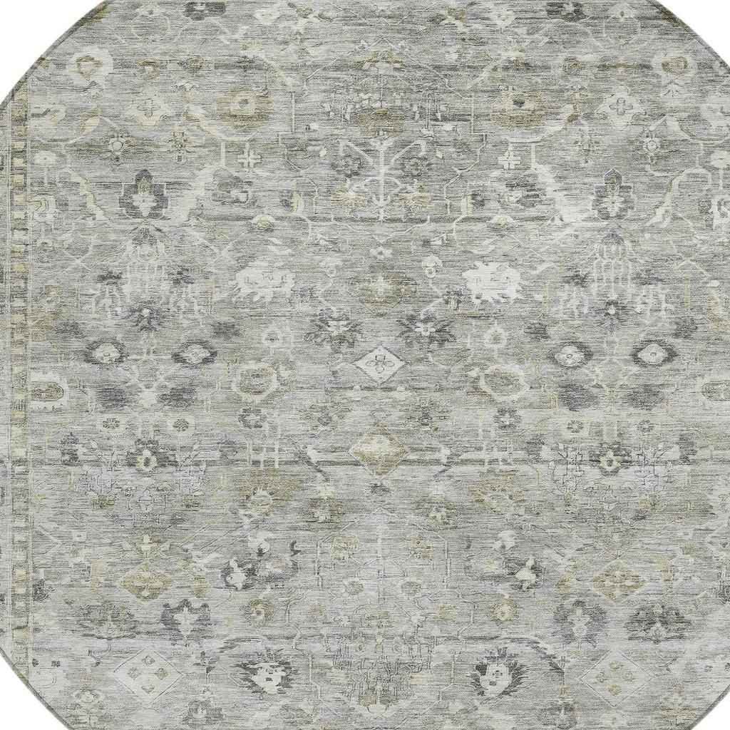 8' Pewter Beige And Ivory Round Oriental Washable Indoor Outdoor Area Rug