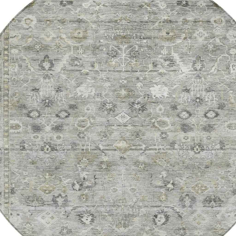 8' Pewter Beige And Ivory Round Oriental Washable Indoor Outdoor Area Rug