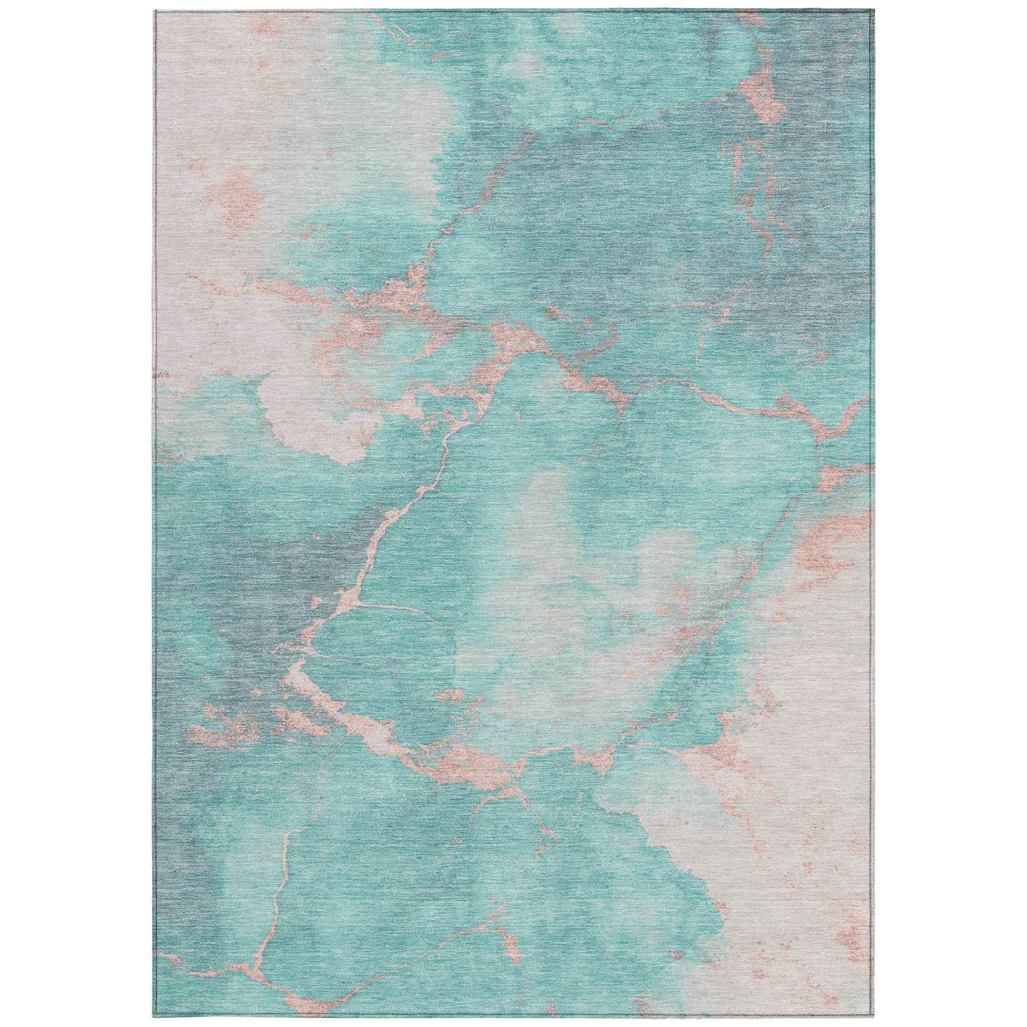 8' X 10' Teal Blue Peach And Ivory Abstract Washable Indoor Outdoor Area Rug