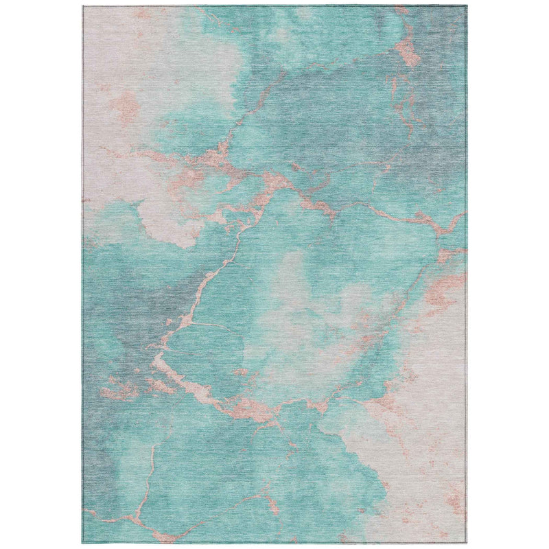 8' X 10' Teal Blue Peach And Ivory Abstract Washable Indoor Outdoor Area Rug