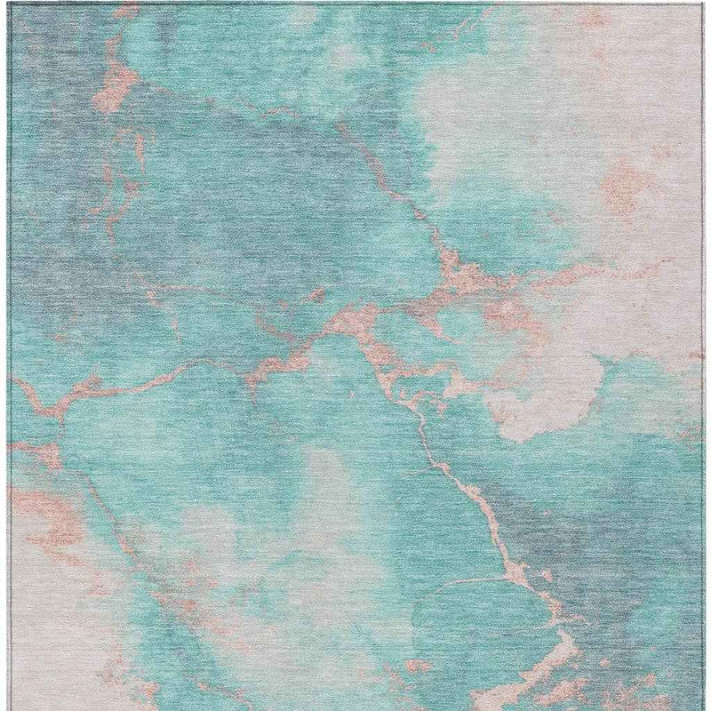 8' X 10' Teal Blue Peach And Ivory Abstract Washable Indoor Outdoor Area Rug
