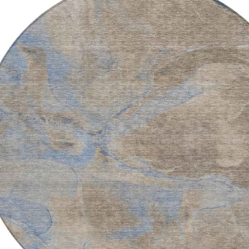 8' Taupe Beige And Blue Round Abstract Washable Indoor Outdoor Area Rug