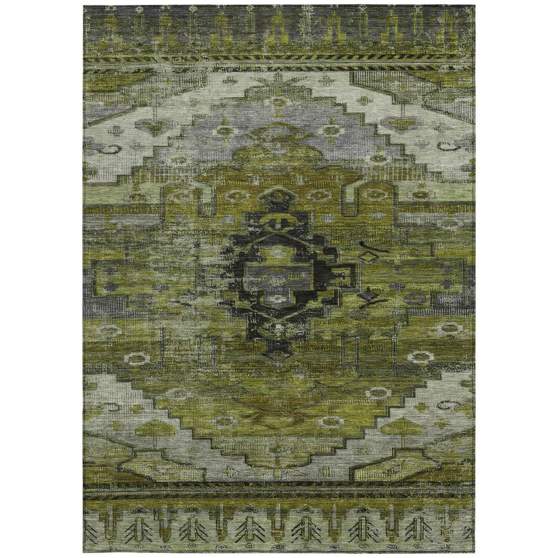 5' X 8' Olive Green Ivory And Gray Tribal Washable Indoor Outdoor Area Rug