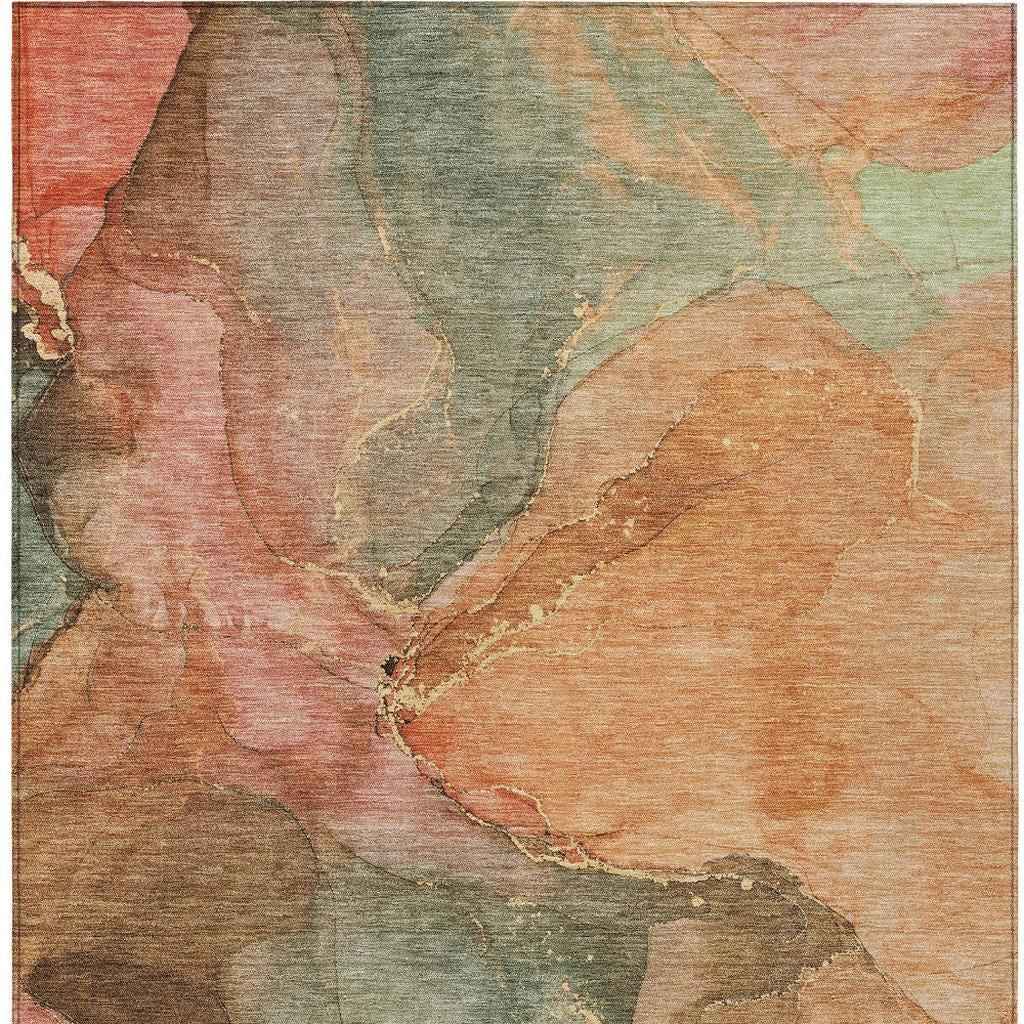 9' X 12' Coral Brown And Mint Green Abstract Washable Indoor Outdoor Area Rug