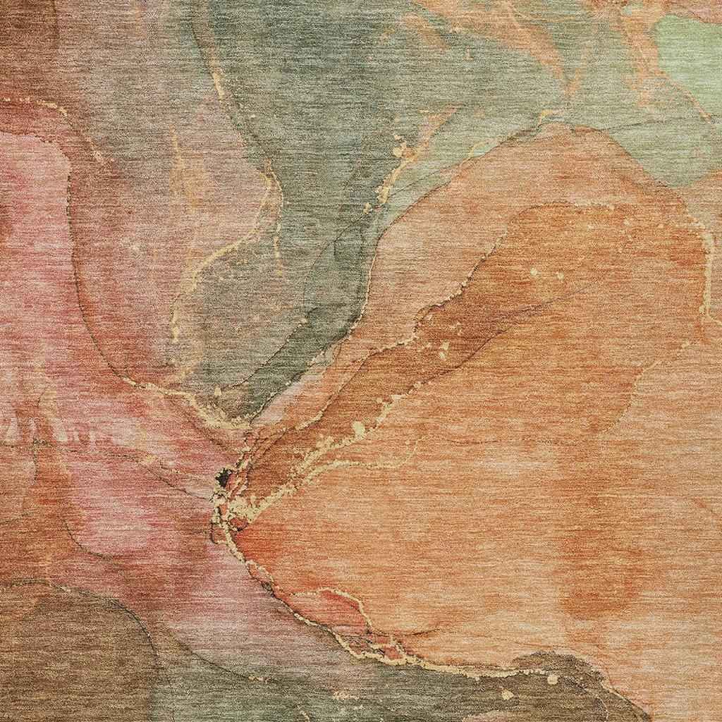 9' X 12' Coral Brown And Mint Green Abstract Washable Indoor Outdoor Area Rug