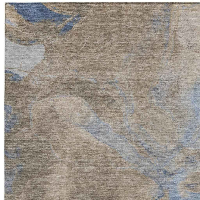 5' X 8' Taupe Beige And Blue Abstract Washable Indoor Outdoor Area Rug