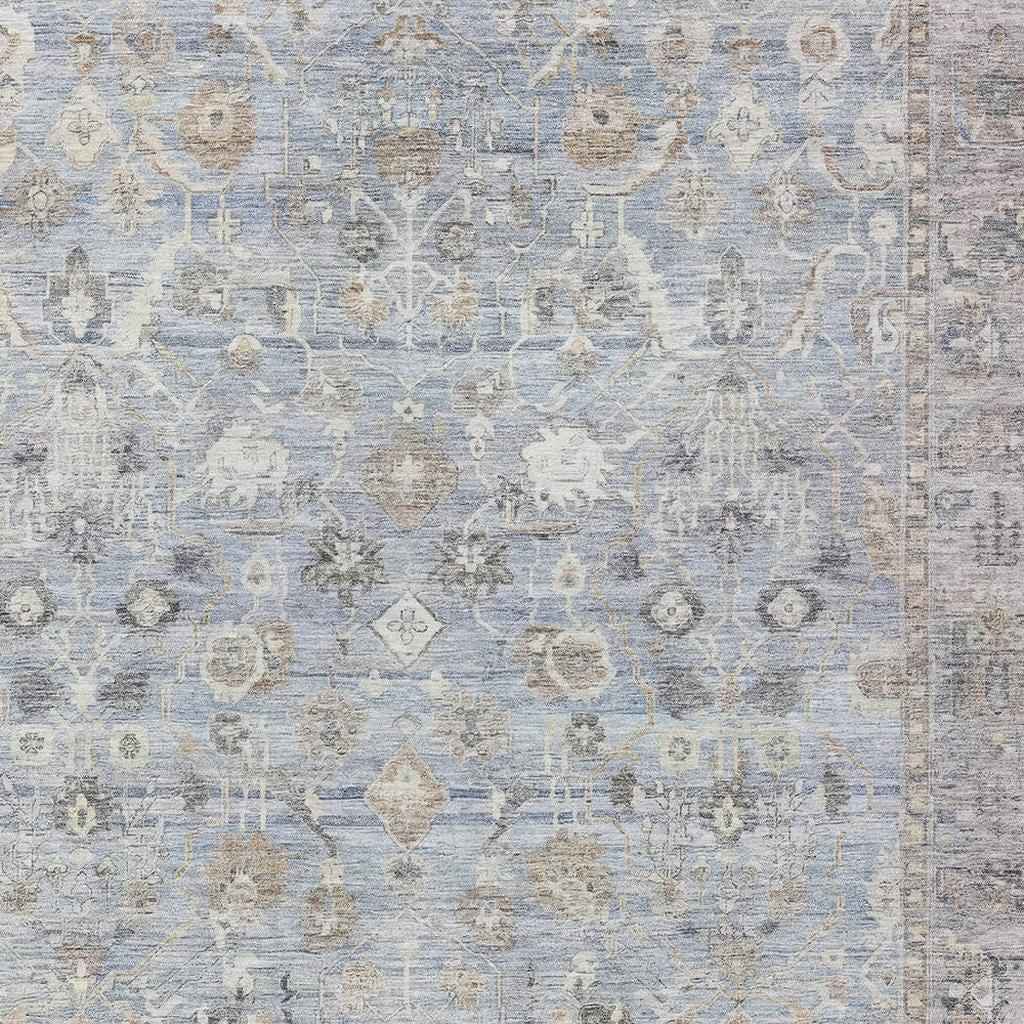 3' X 5' Sky Blue Brown And Ivory Oriental Washable Indoor Outdoor Area Rug