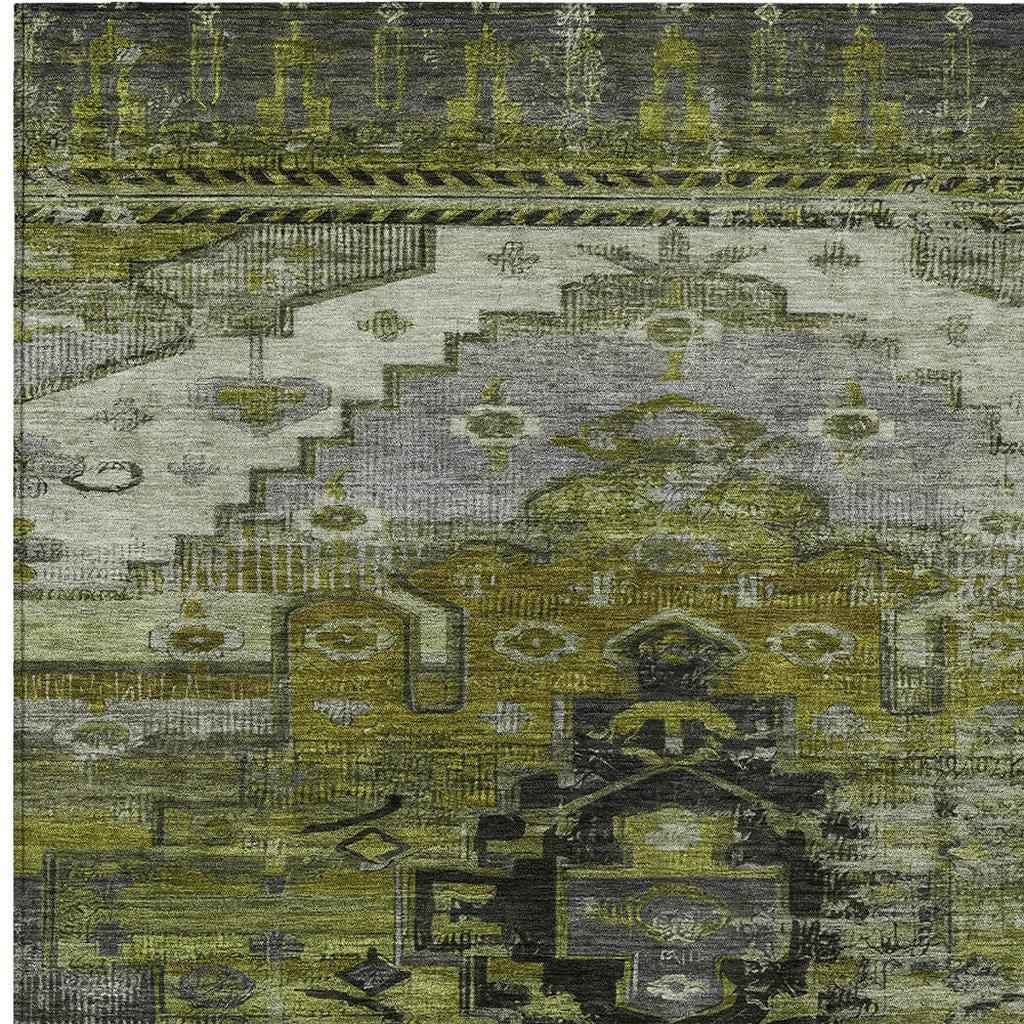 9' X 12' Olive Green Ivory And Gray Tribal Washable Indoor Outdoor Area Rug