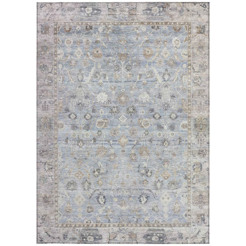 10' X 14' Sky Blue Brown And Ivory Oriental Washable Indoor Outdoor Area Rug