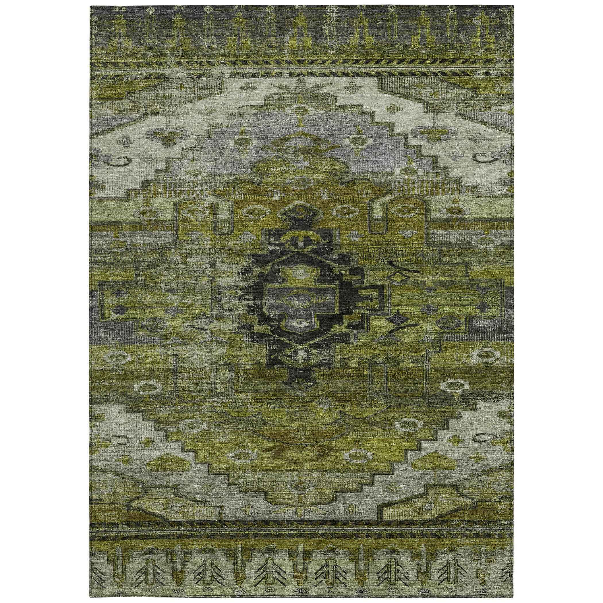 3' X 5' Olive Green Ivory And Gray Tribal Washable Indoor Outdoor Area Rug