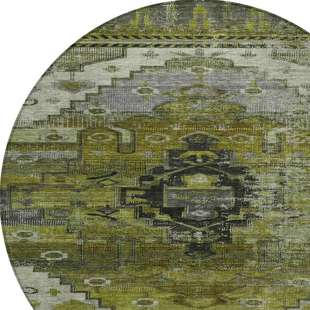8' Olive Green Ivory And Gray Round Tribal Washable Indoor Outdoor Area Rug