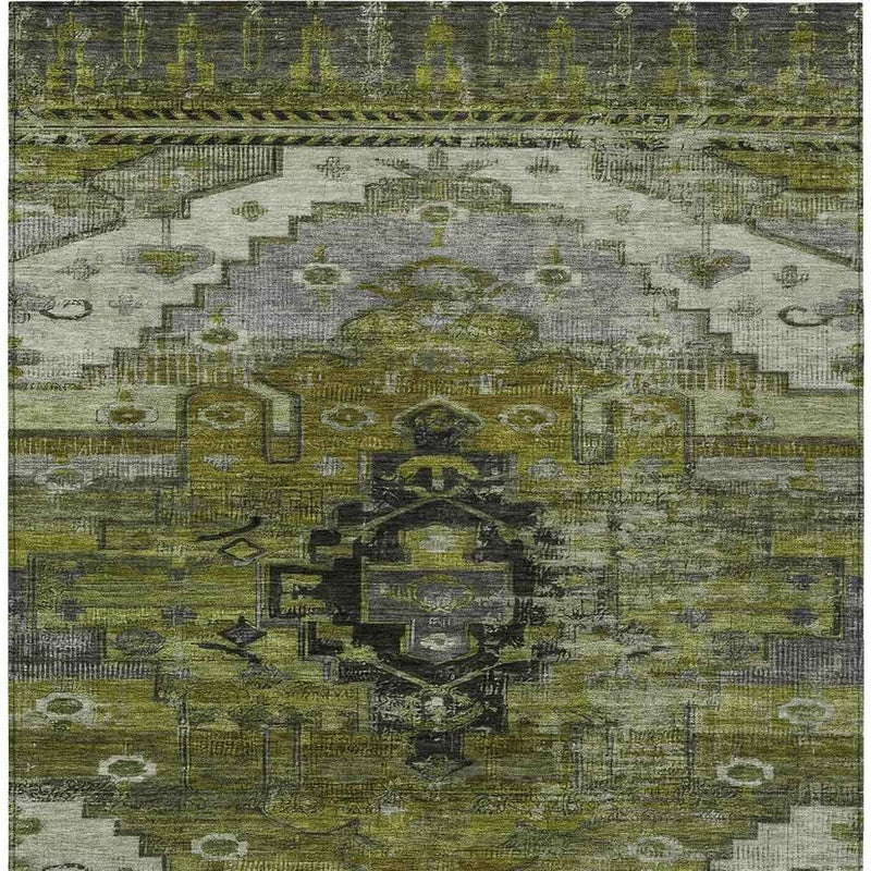 8' X 10' Olive Green Ivory And Gray Tribal Washable Indoor Outdoor Area Rug
