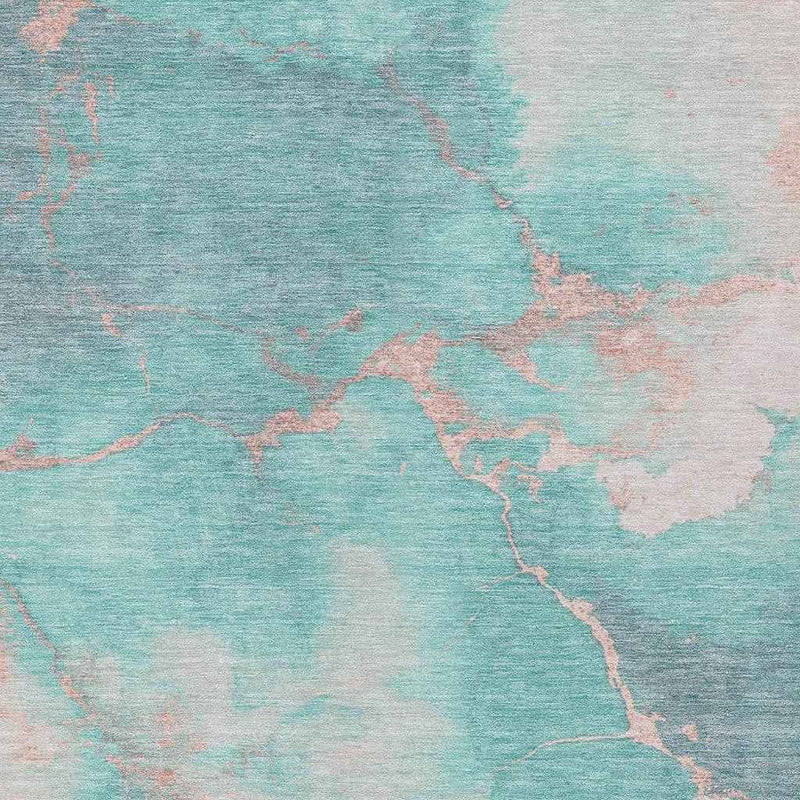 5' X 8' Teal Blue Peach And Ivory Abstract Washable Indoor Outdoor Area Rug
