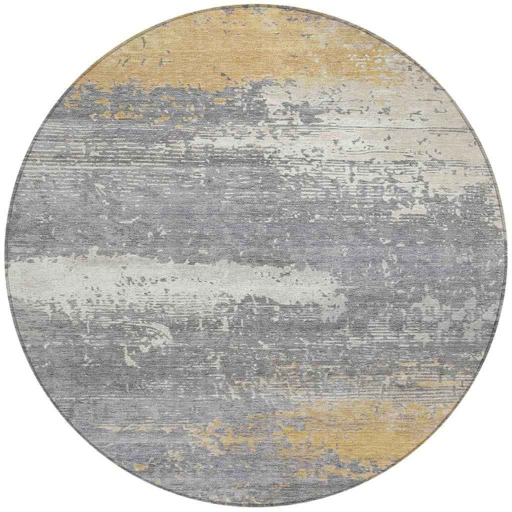 8' Gold Gray And Silver Round Abstract Washable Indoor Outdoor Area Rug