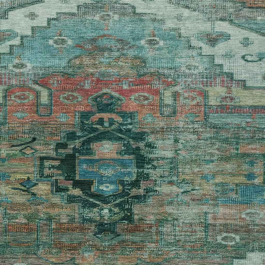 8' X 10' Teal Blue Copper And Gold Tribal Washable Indoor Outdoor Area Rug