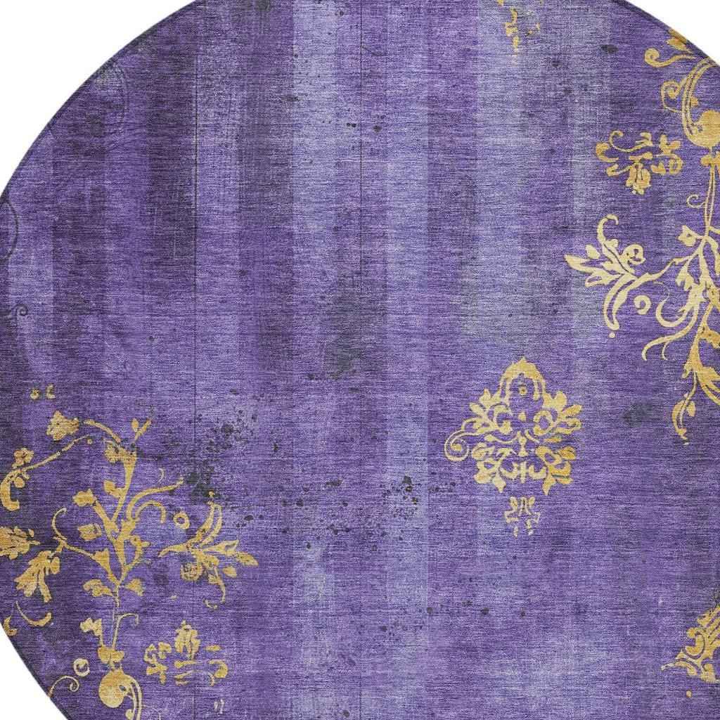 8' Purple And Gold Round Floral Washable Indoor Outdoor Area Rug