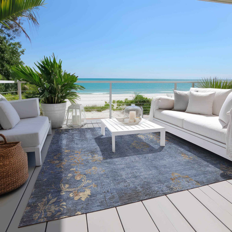 3' X 5' Denim Blue And Beige Floral Washable Indoor Outdoor Area Rug