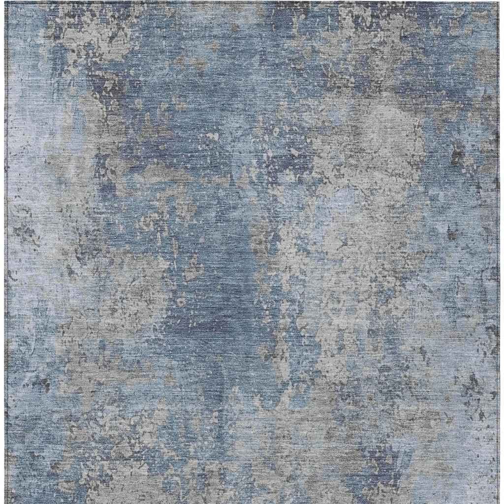 3' X 5' Denim Blue And Silver Abstract Washable Indoor Outdoor Area Rug