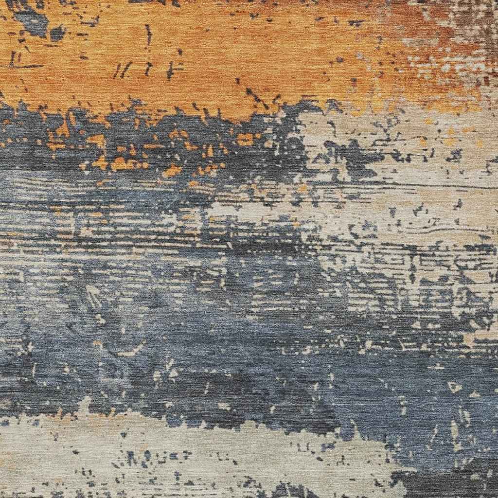 9' X 12' Blue Gray And Orange Abstract Washable Indoor Outdoor Area Rug