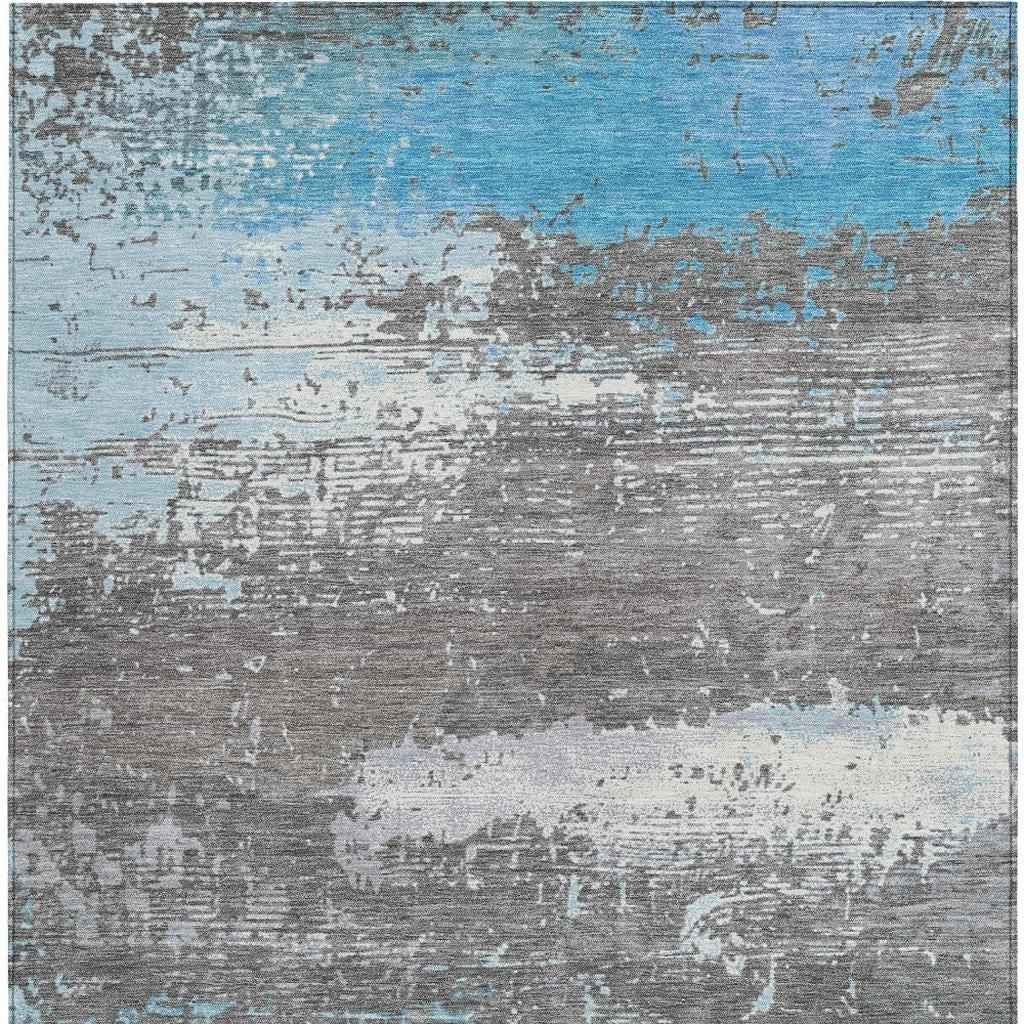 3' X 5' Teal Blue Gray And Silver Abstract Washable Indoor Outdoor Area Rug