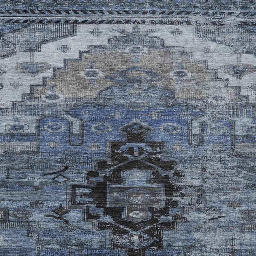 3' X 5' Blue Ivory And Gray Tribal Washable Indoor Outdoor Area Rug