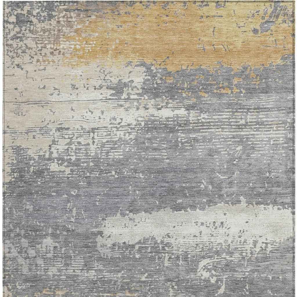 8' X 10' Gold Gray And Silver Abstract Washable Indoor Outdoor Area Rug