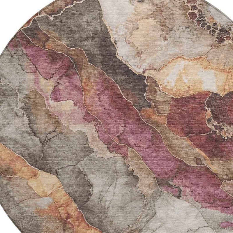 8' Khaki And Blush Round Floral Washable Indoor Outdoor Area Rug