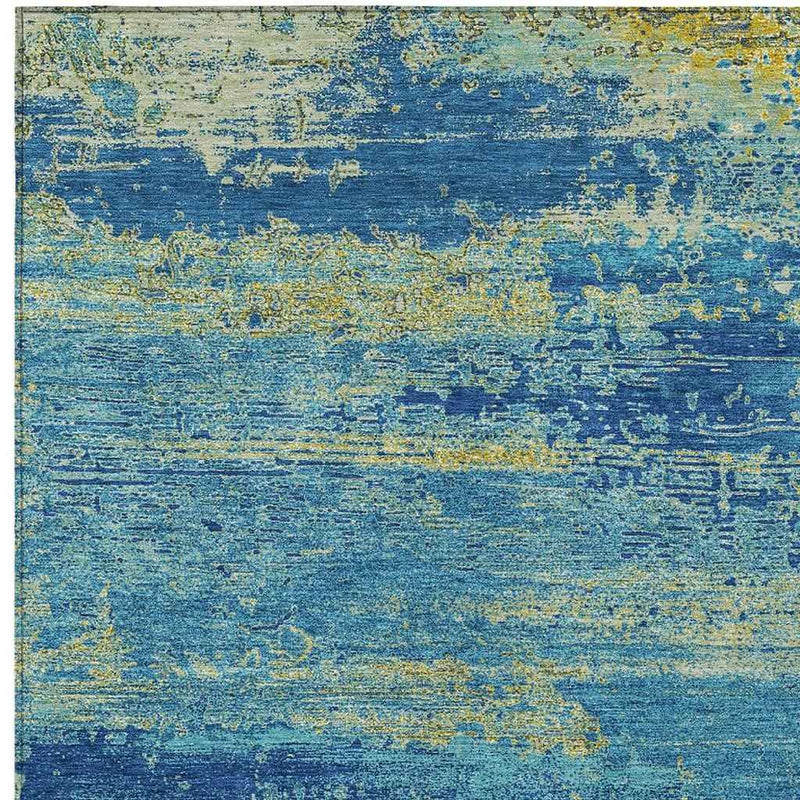 3' X 5' Navy Blue Sky Blue And Olive Green Abstract Washable Indoor Outdoor Area Rug