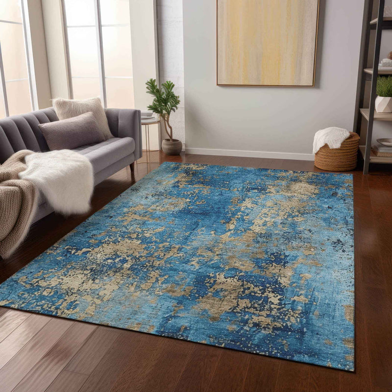5' X 8' Blue And Beige Abstract Washable Indoor Outdoor Area Rug