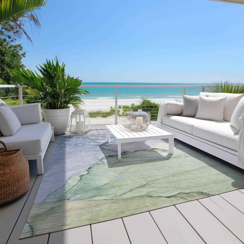 10' X 14' Artichoke Green And Lavender Abstract Washable Indoor Outdoor Area Rug