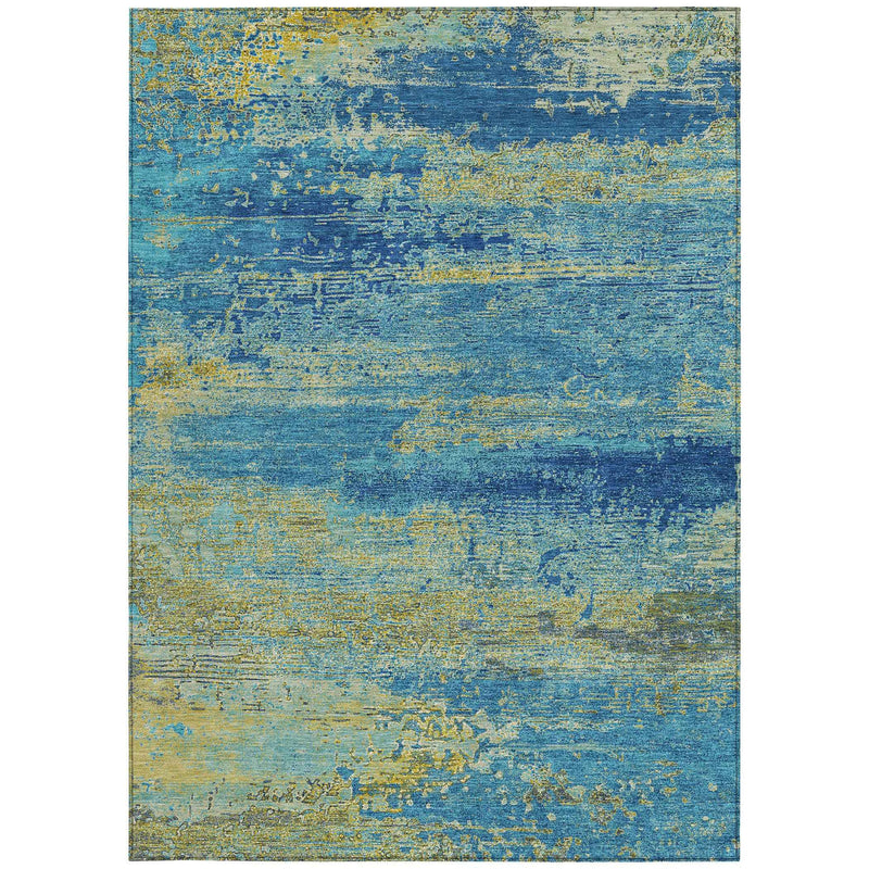 10' X 14' Navy Blue Sky Blue And Olive Green Abstract Washable Indoor Outdoor Area Rug