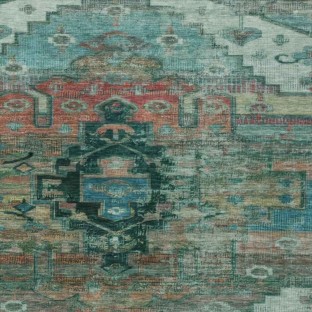 10' X 14' Teal Blue Copper And Gold Tribal Washable Indoor Outdoor Area Rug