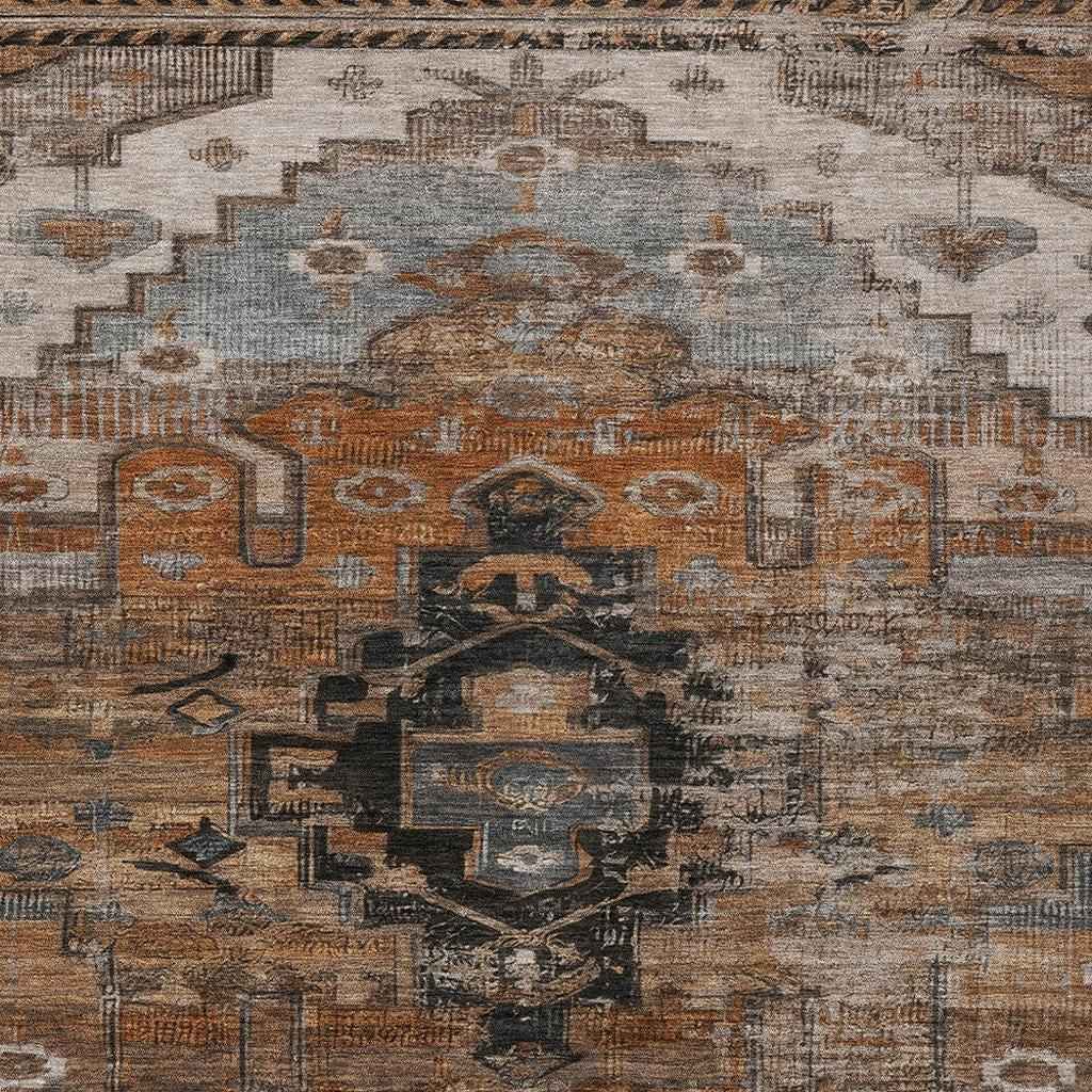 3' X 5' Terra Cotta Rust And Gray Tribal Washable Indoor Outdoor Area Rug