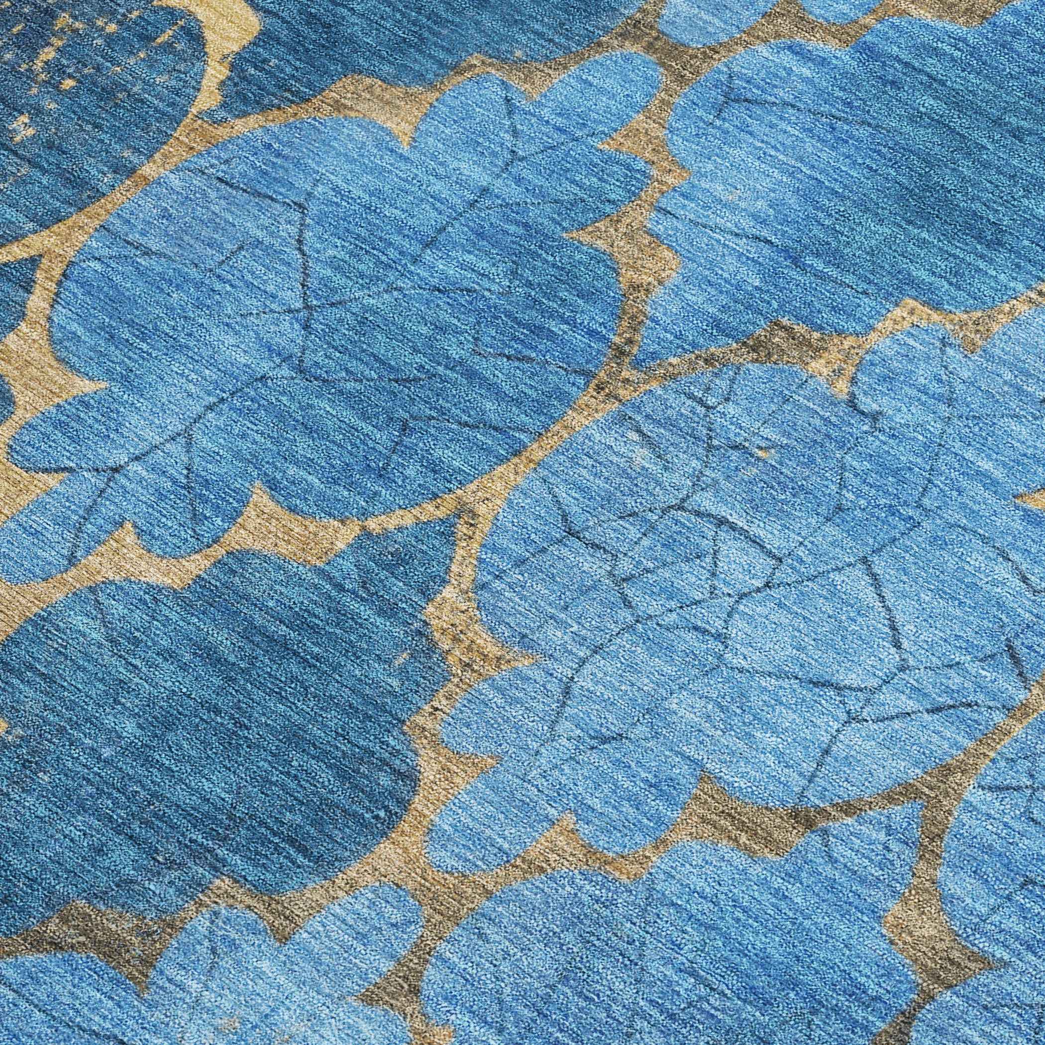 5' X 8' Blue And Gold Damask Washable Indoor Outdoor Area Rug