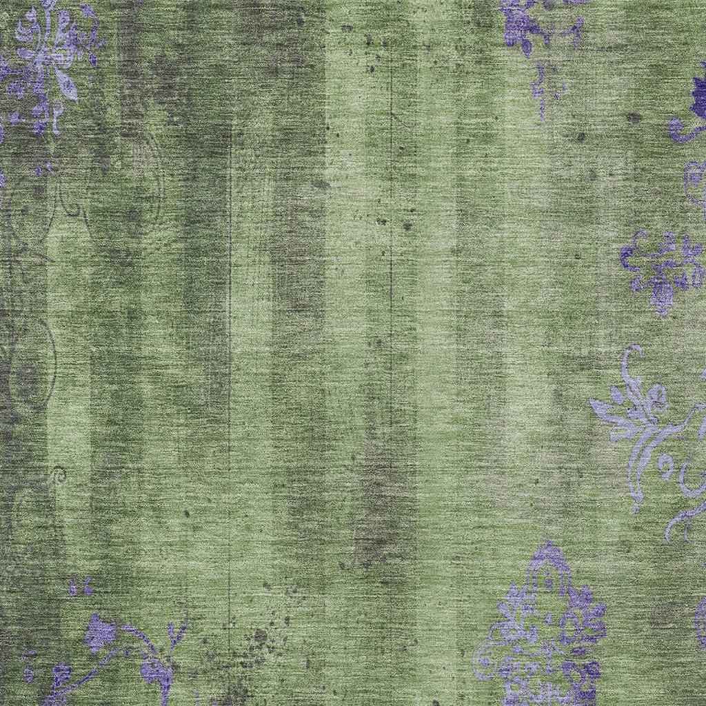 9' X 12' Artichoke Green And Purple Floral Washable Indoor Outdoor Area Rug