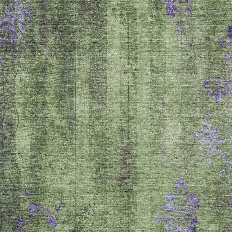 9' X 12' Artichoke Green And Purple Floral Washable Indoor Outdoor Area Rug