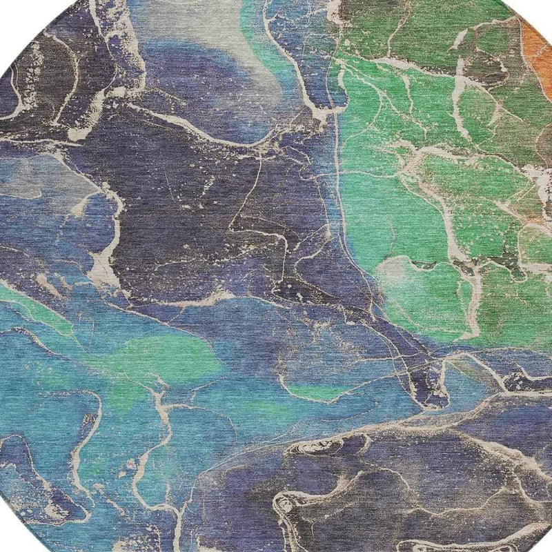8' Blue Green And Orange Round Abstract Washable Indoor Outdoor Area Rug