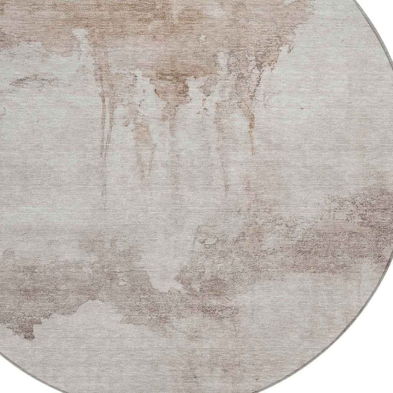8' Taupe And Ivory Round Abstract Washable Indoor Outdoor Area Rug