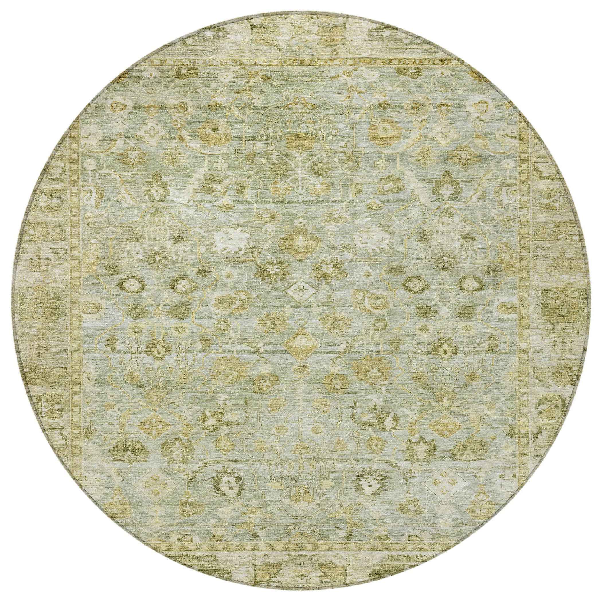 8' Sage And Ivory Round Oriental Washable Indoor Outdoor Area Rug