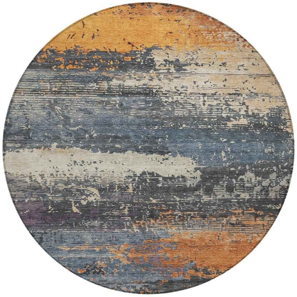 8' Blue Gray And Orange Round Abstract Washable Indoor Outdoor Area Rug