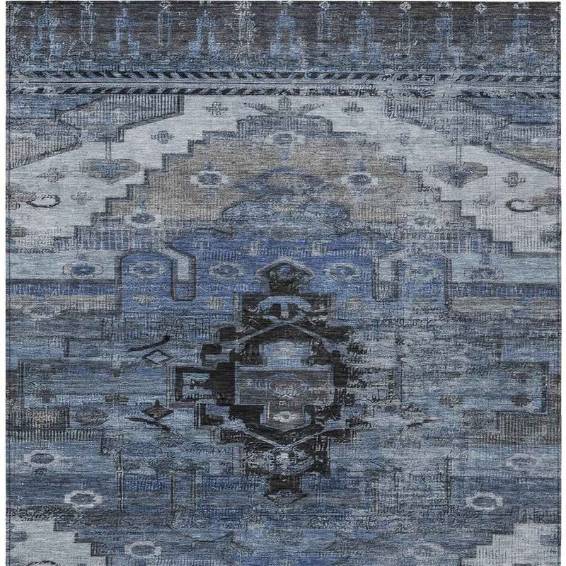 10' X 14' Blue Ivory And Gray Tribal Washable Indoor Outdoor Area Rug