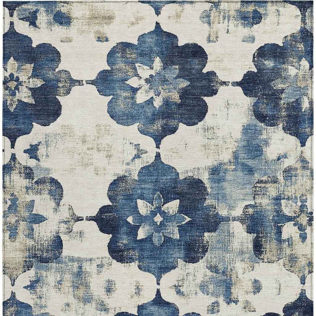 5' X 8' Navy Blue And Ivory Floral Washable Indoor Outdoor Area Rug