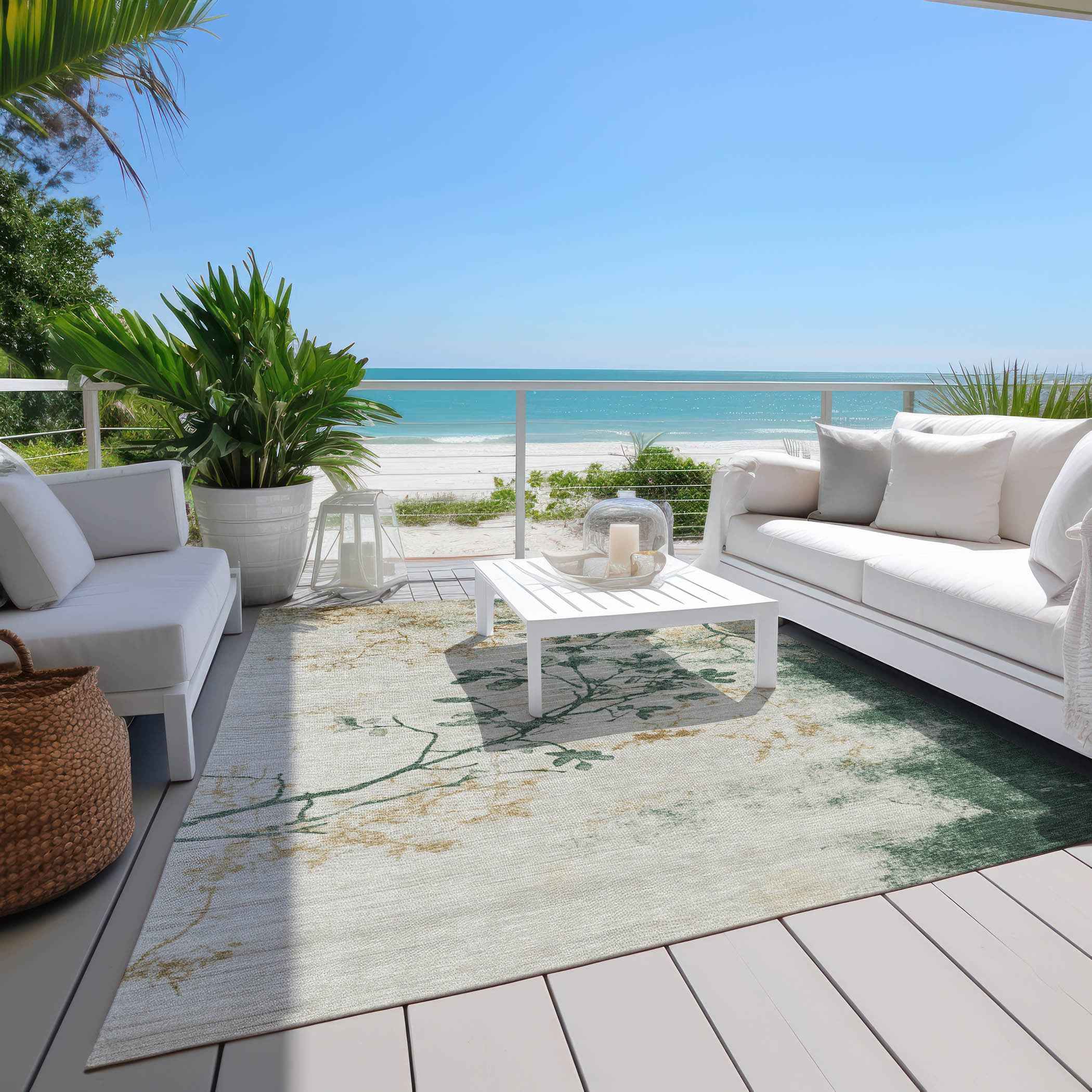 3' X 5' Emerald Ivory And Gold Floral Washable Indoor Outdoor Area Rug